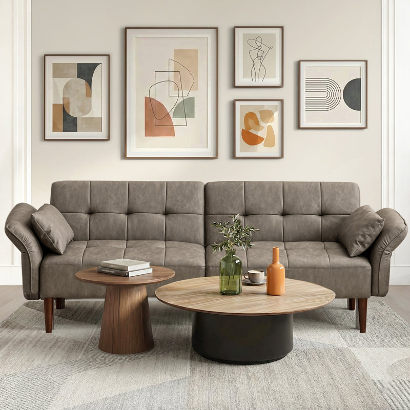 Latitude Run® Faux Leather Upholstered Futon Sofa Bed with Armrests and Backrest Adjustable, Gray