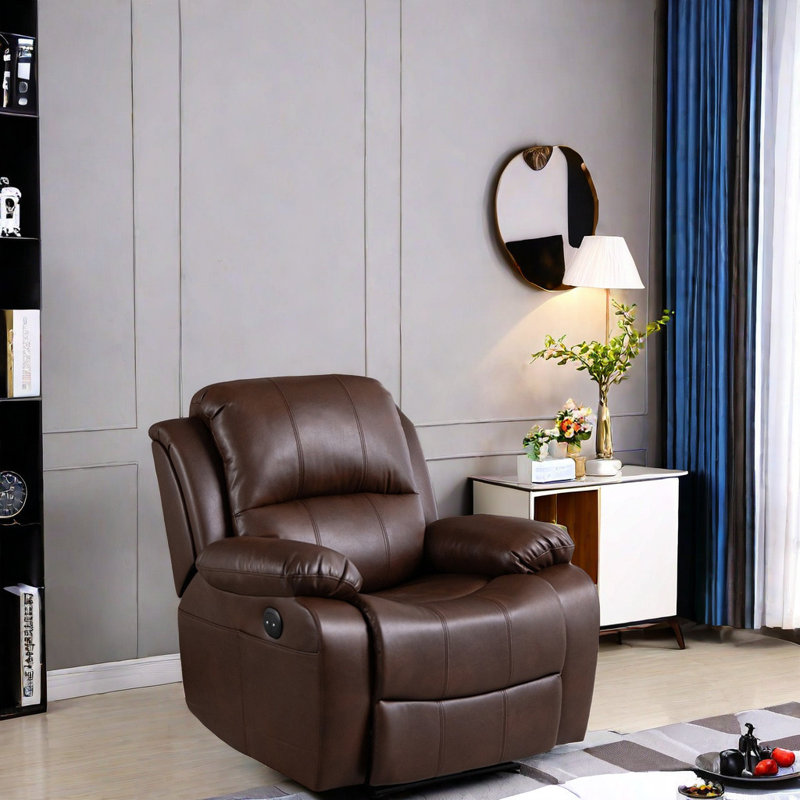 Ergonomic Recliner With Plush Bread Shape Faux Leather Swivel Recliner, Brown