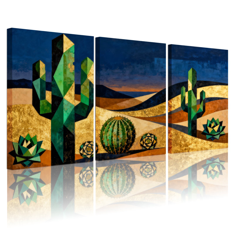Cactus géométrique, paysage de désert, ensemble de 3 impressions sur toile, H 18 po x l 36 po
