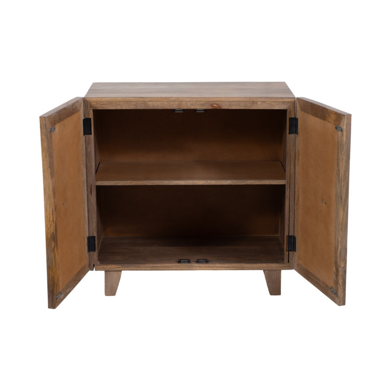 Modern Rustic 2-Door Accent Storage Cabinet with Geometric Wood Panel Design, Brushed Metal Pulls, and Spacious Interior Shelving for Living Room, Bedroom, or Hallway - 30", Brown
