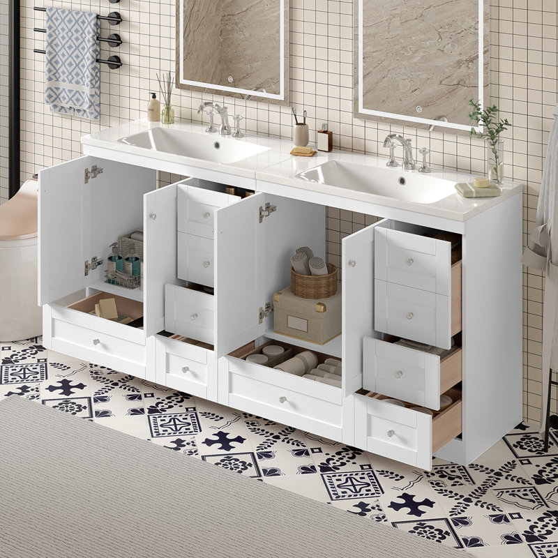 Meuble-lavabo autoportant de style shaker de 72 pouces, avec lavabo SMC, tiroirs à fermeture en douceur et portes à fermeture en douceur