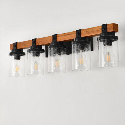 Lampes murales 5 lumières noir mat + bois avec abat-jour en verre (sans ampoules) pour la salle à manger de la cuisine