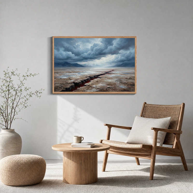 Faille volcanique dans un paysage aride sous des nuages ​​​​sombres - Tableau sur toile, H 32 po x l 48 po