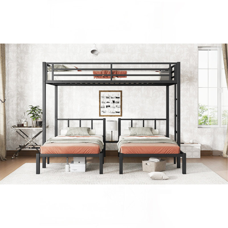 Twin Over Twin & Queen Bunk Bed, Metal Triple Bunk Bed With Safety Guardrails,Space-Saving/Noise Reduced,Black