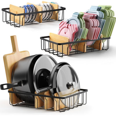 Ensemble de 3 organisateurs de couvercles réglables, grand organisateur d'armoires de cuisine pour couvercles de contenants et gobelets avec 9 séparateurs en bambou, organisateurs dans l'armoire de cuisine, garde-manger, buanderie