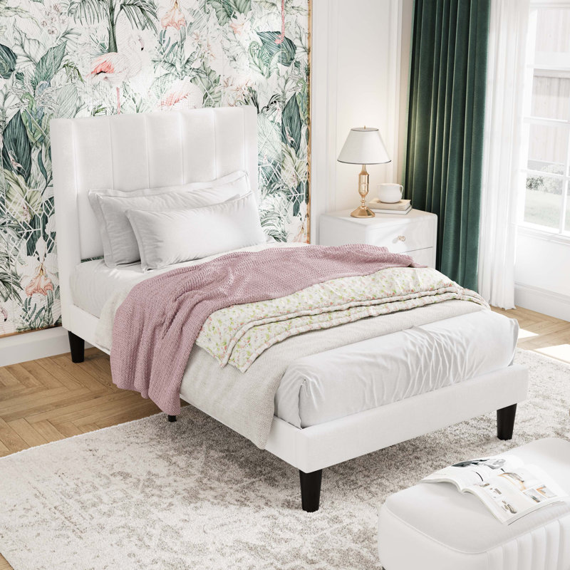 Modern Velvet Upholstered Platform Bed with Headboard, No Box Spring Needed, White, Twin