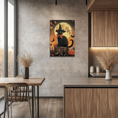 Art mural d'Halloween encadré - Chat rétro sorcière et Jack-O'-Lantern, décoration murale d'Halloween, art mural chat noir effrayant pour la maison, reproduction sur toile tendue prête à être accrochée 18 po x 24 po