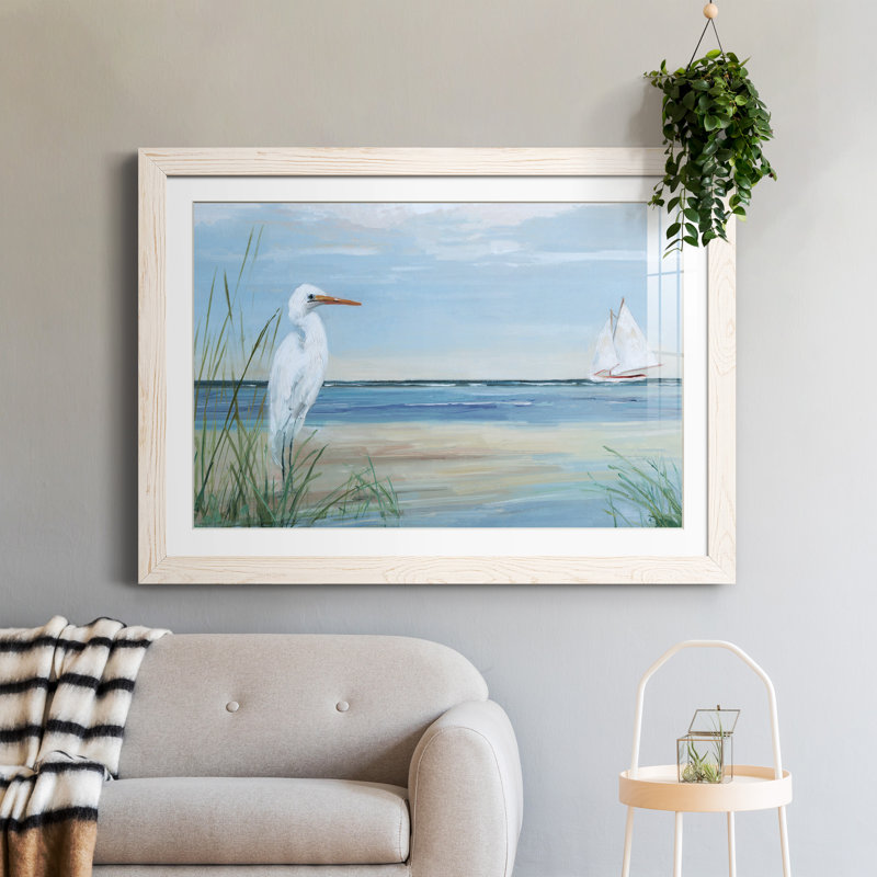 Summer Heron - peinture encadrée, H 31,5 po x l 23,5 po x P 1,5 po, Cadre blanc