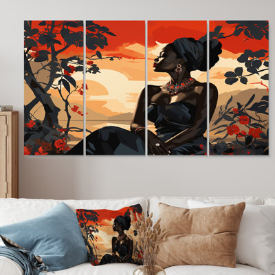 Gracious Afro Beauty By The Shore Retro - African American Woman Wall Art For Living Room 4 Piece