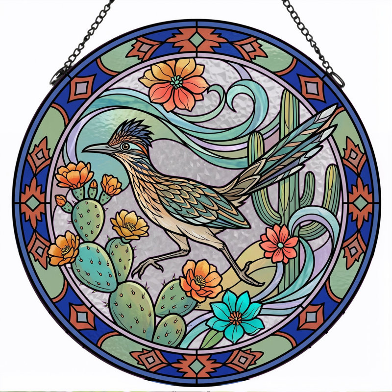 Roadrunner Cactus Stained Glass Window Panel，12"H, 12"H