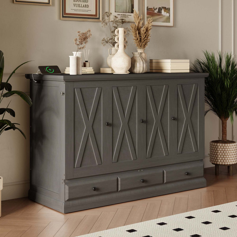 Lit armoire en pin massif massif avec station de charge et grand tiroir de rangement pour bureau à domicile ou petite pièce, double