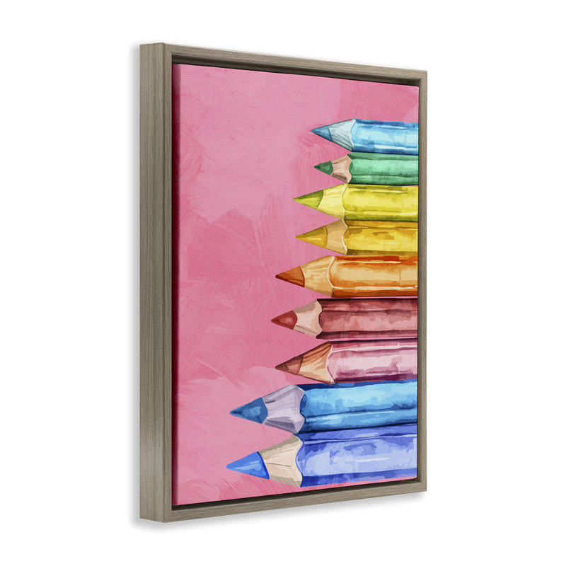 Crayons éclatants sur cadre flottant rose, design par Kim Allen, Montalcino orme flottant encadré, H 21 po x l 17 po