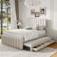 Lit plateforme tapissier double avec lit gigogne simple et 3 tiroirs, tissu en lin-2044452304