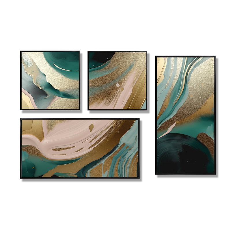 Or et vert marbré Euphoria V - art mural abstrait en marbre 4 pièces, Reproduction encadrée sans passe-partout, Noir