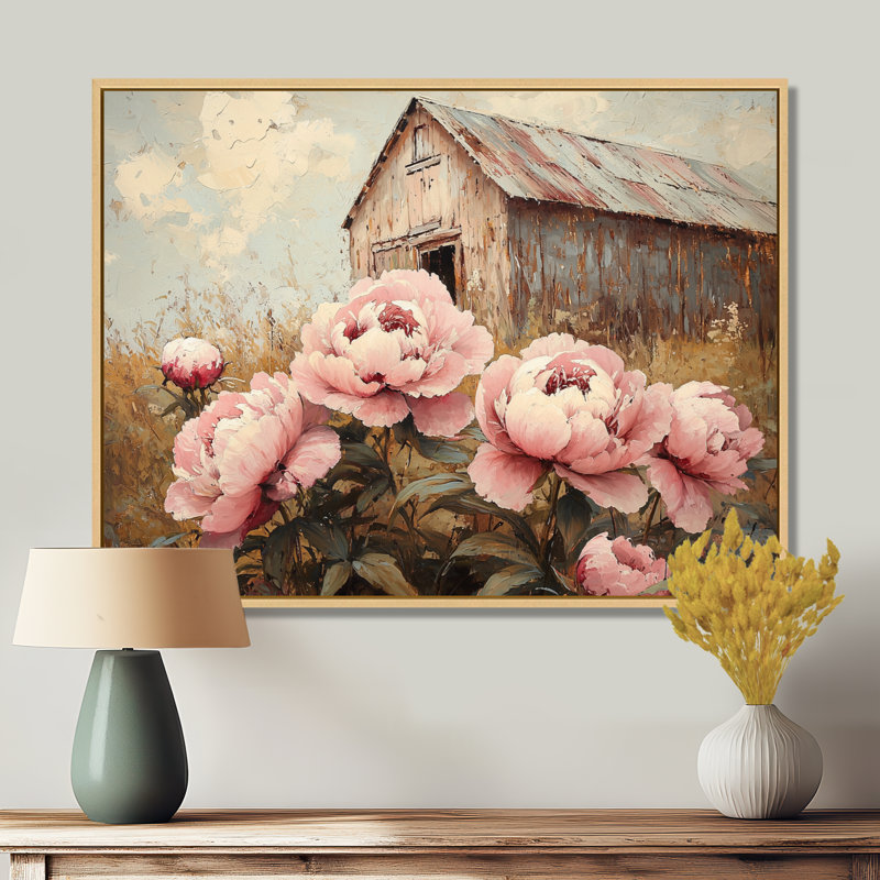 Pivoines Dorline par The Farm Fence II - pivoines, art mural, H 12 po x l 20 po, Impression encadrée flottante, Crème, crème