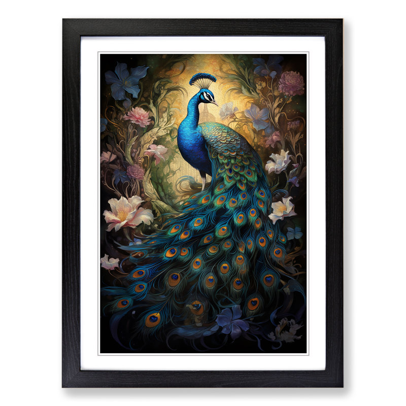 Peacock Baroque Framed Print, 64cm H x 46cm W, Black Framed
