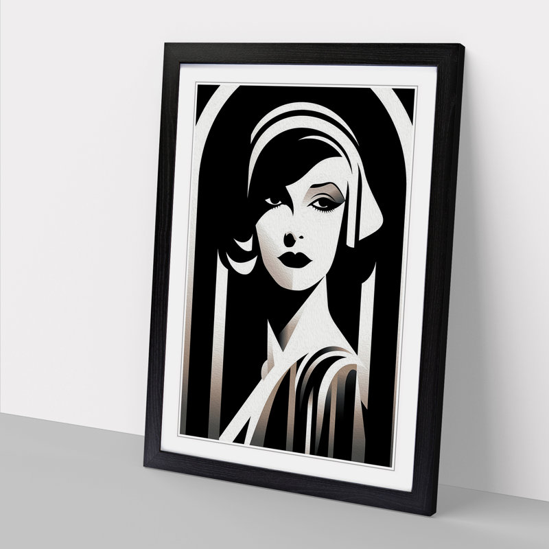 Art Deco Woman Line - Single Picture Frame Print on Wood, 46cm H x 34cm W x 2cm D, Black Framed