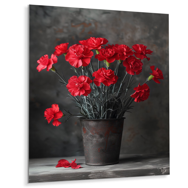 Œillets monochromes rouges et noirs vibrants en pot II - œillets, art mural, Métal métal, H 44 po x l 34 po x P 1,5 po