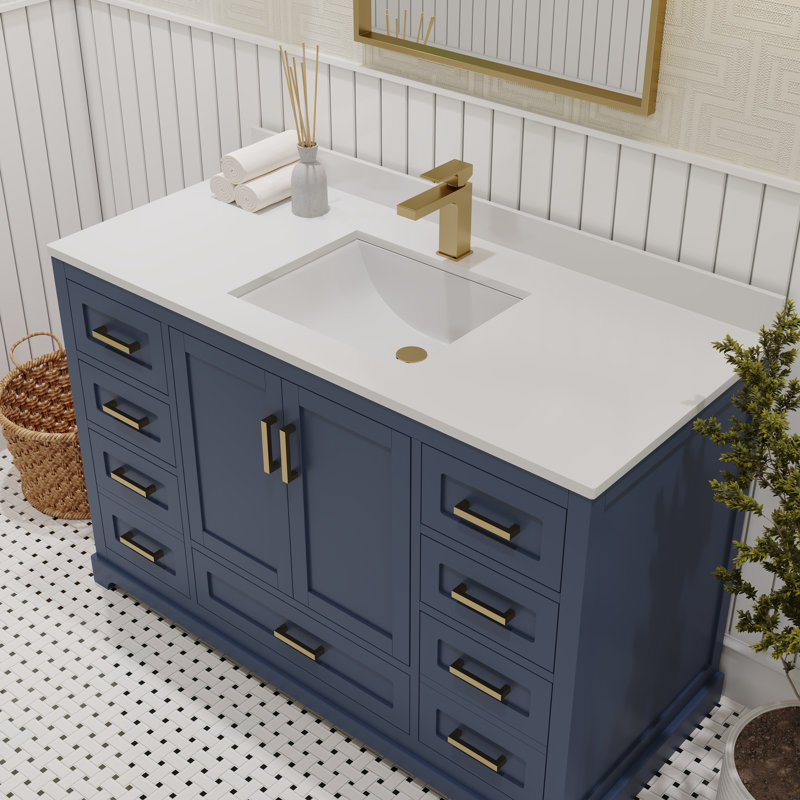 Maya 48'' Single Bathroom Vanity with White Quartz Top, Blue, Brushed Gold