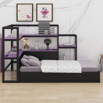 Stylish Daybed Frame with Built-in Desk, LED Lighting, Charging Station and 3 Storage Drawers