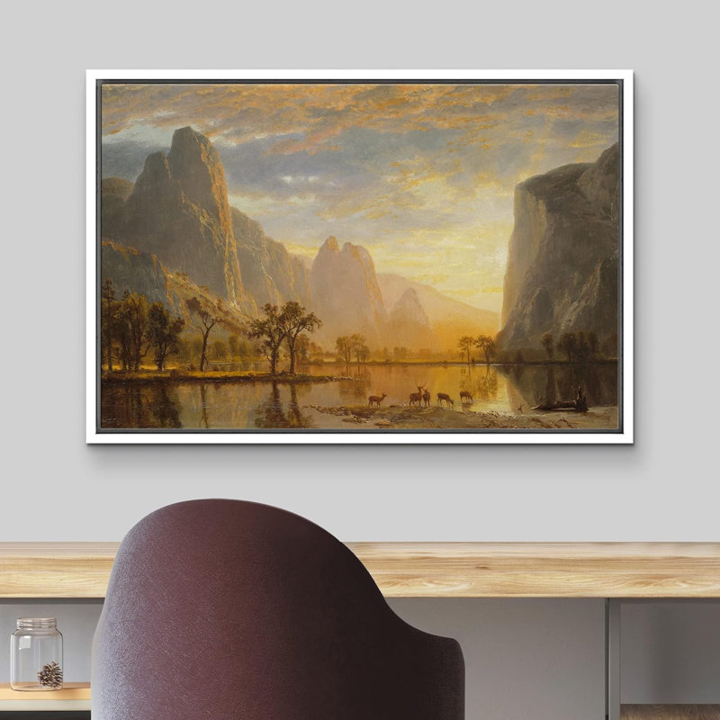 Paysage rustique, heure dorée, paysage de montagne, cerf, H 24 po x l 36 po x P 1,5 po, Cadre blanc