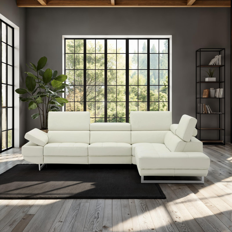 Cartagena Faux Leather L-Shaped Sectional, Snow White Genuine Leather, Right Hand Facing