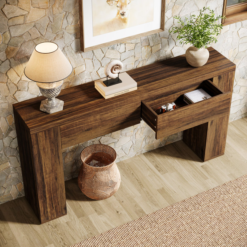 63-Inch Wooden Foyer Table With With 2 Hidden Drawers, Rustic Brown