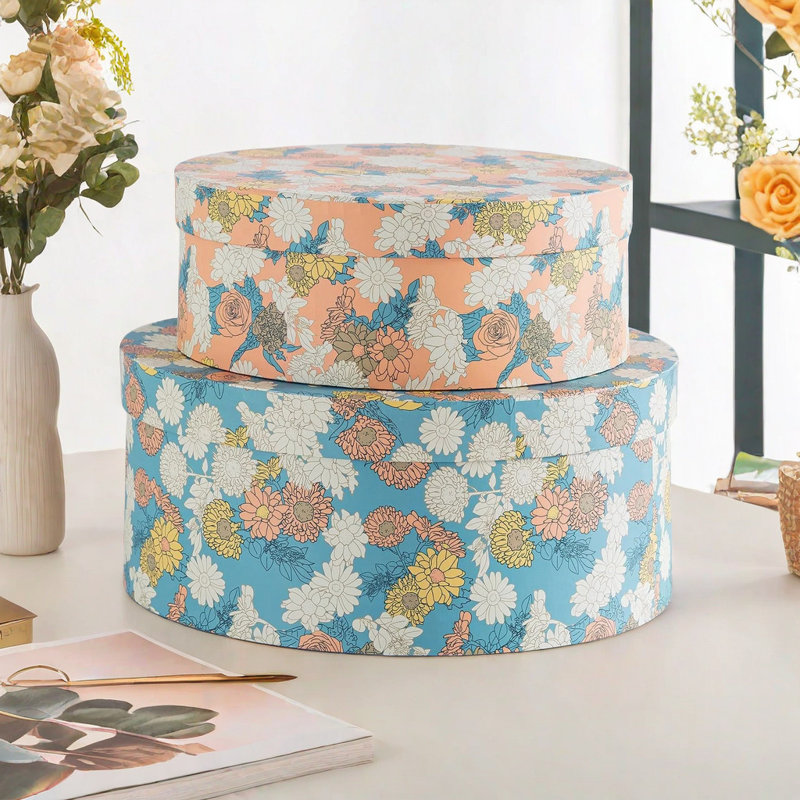 Buskus 2 Piece Decorative Box Set, Beige/Blue/White Floral 1