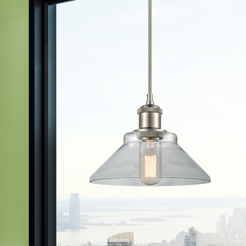 Luminaire suspendu conique à 1 lumière Newton St Loe, Nickel satiné brossé, Ampoule DEL 6 watts Vinage, Transparent