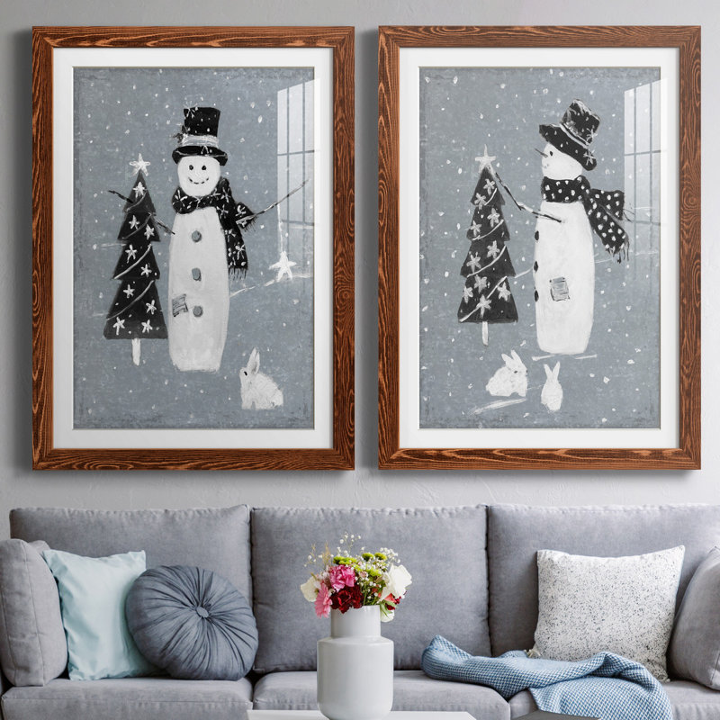 «Snowman Galvanized I», ensemble de 2 reproductions, H 37,5 po x l 55 po x P 1,5 po, Papier avec cadre érable, Blanc
