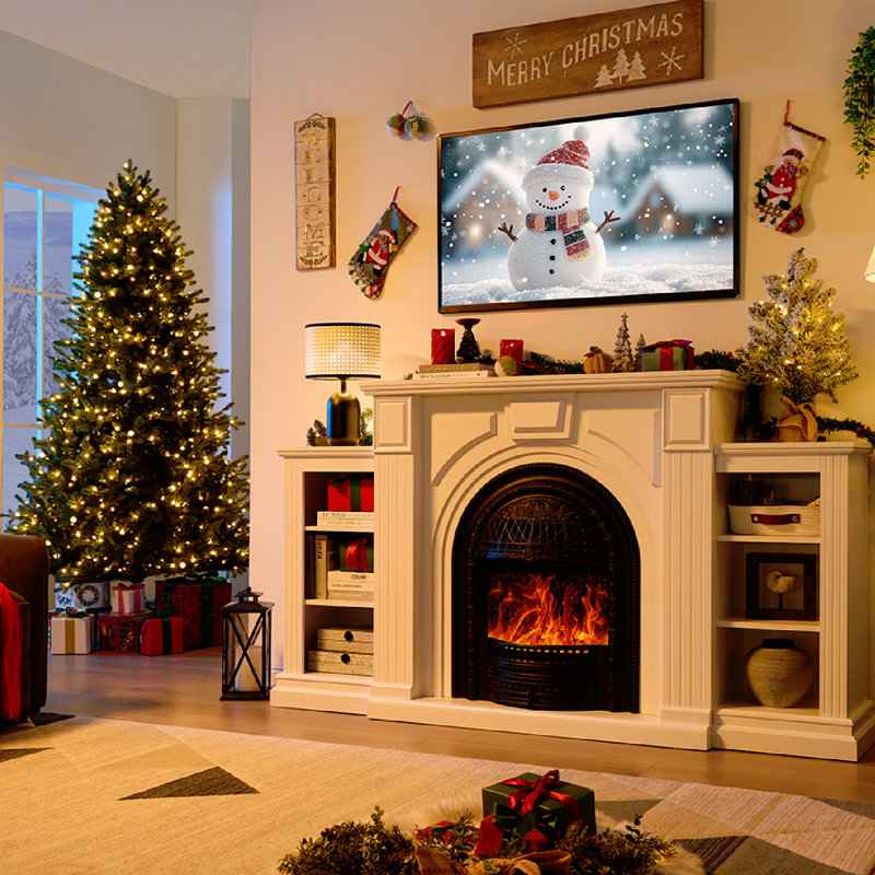 76''W Electric Fireplace Mantel, Wooden Surround Firebox Freestanding for TVs up to 90", White