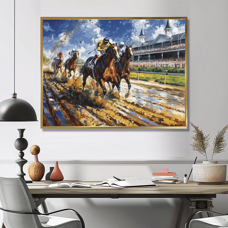Marlyin - course de chevaux, art mural, H 34 po x l 44 po x P 1,5 po, Cadre flottant doré