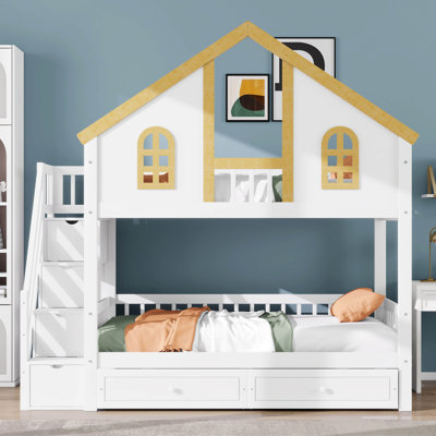 Twin Size House-Shaped Bunk Bed With Storage Drawers & Staircase, Wooden Bunk Bed With Windows, Door & Roof