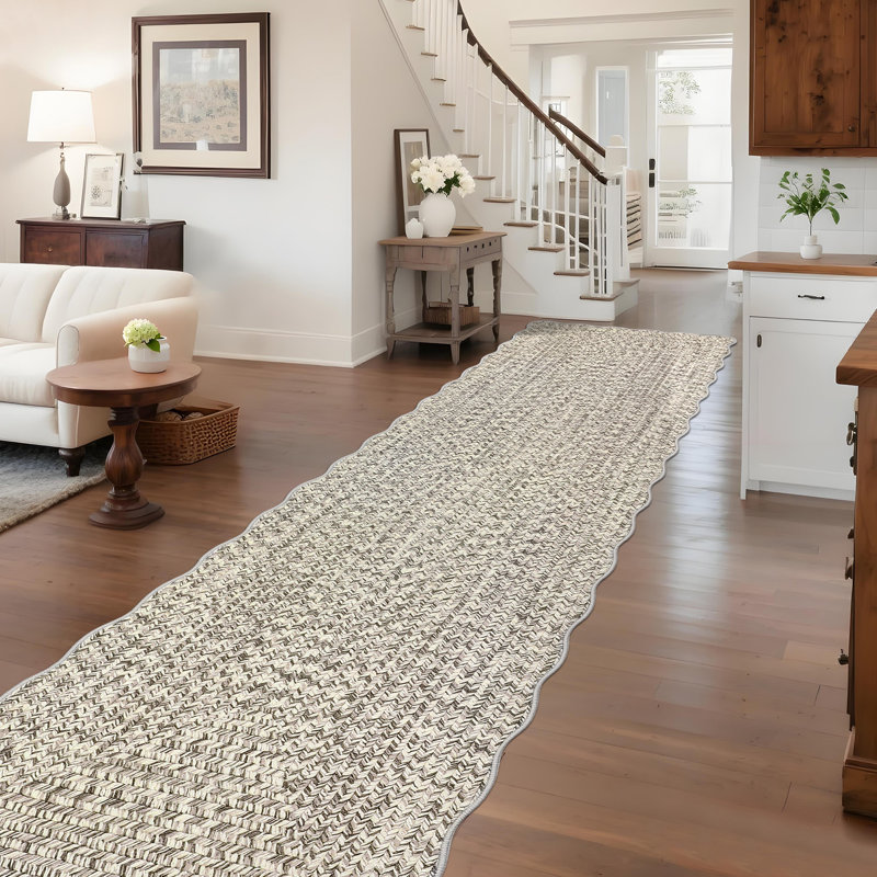 Farmhouse Scalloped Rug Washable Rug with Non Slip TRP Backing, Low Pile Non Shedding Rustic Carpet, Soft Thin Foldable Printed Mat for Living Room Bedroom