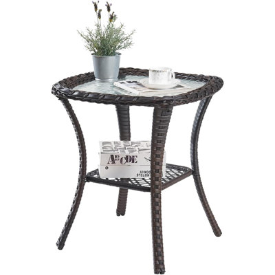 Small Outdoor Side Table - 50 LBS Weight Capacity Wicker Side Table With Storage, Tempered Glass Top Patio Side Table For Porch Balcony Deck Garden