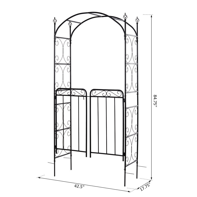 Black Metal Garden Arch Arbor with Gate and Trellis