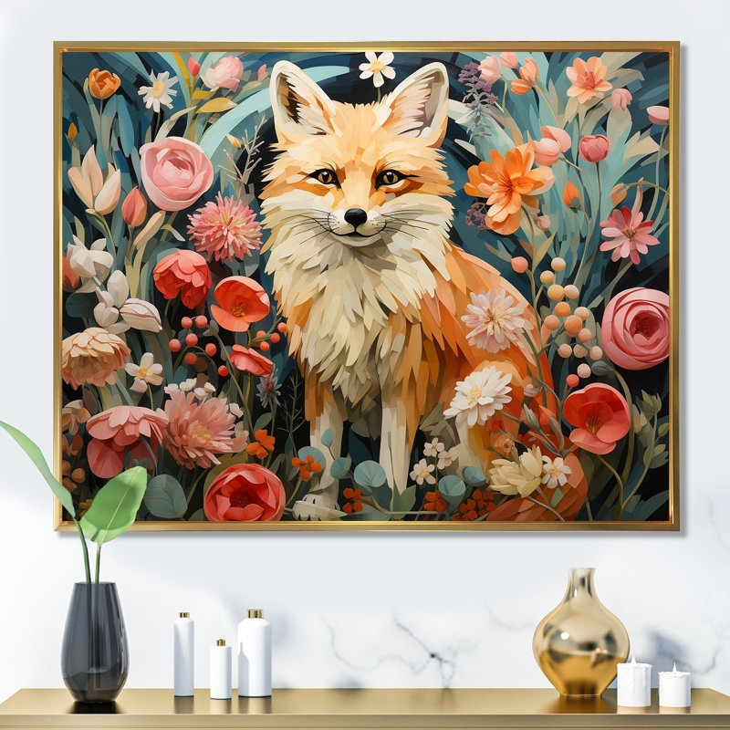 Art mural orange et rose renard dans le style III - renard, Cadre flottant doré, H 24 po x l 32 po x P 1 po