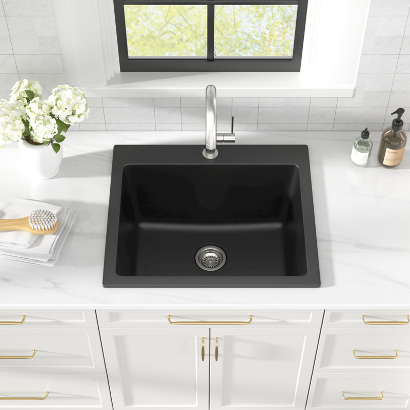 Évier de buanderie en composite de quartz noir mat à cuve simple pour laver et laver les animaux, 23"