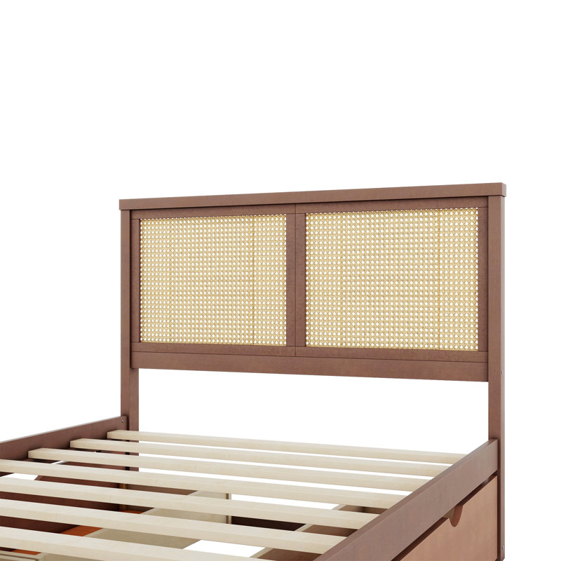 Wood Storage Platform Bed with 4 Drawers and Rattan Headboard, Full, Espresso
