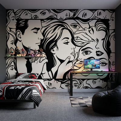 Abstrait visages, papier peint, collage, amovible, dessin au trait, décoration murale
