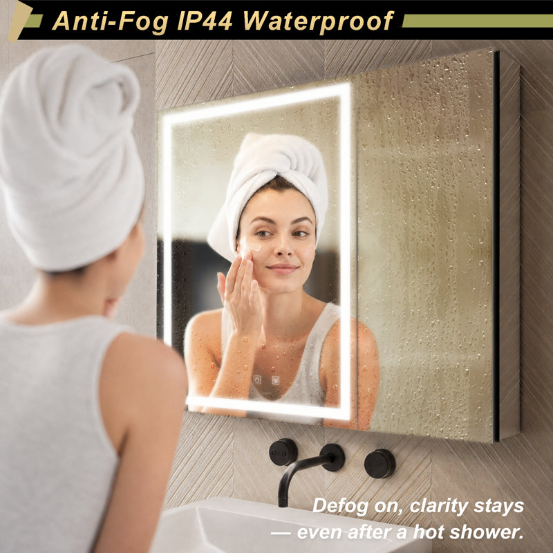 LED Bathroom Medicine Mirror Cabinet, Defog, Dimmable, 3-Color Mode, Outlets & USBs, 28" H x 30" W x 5" D, Double Door