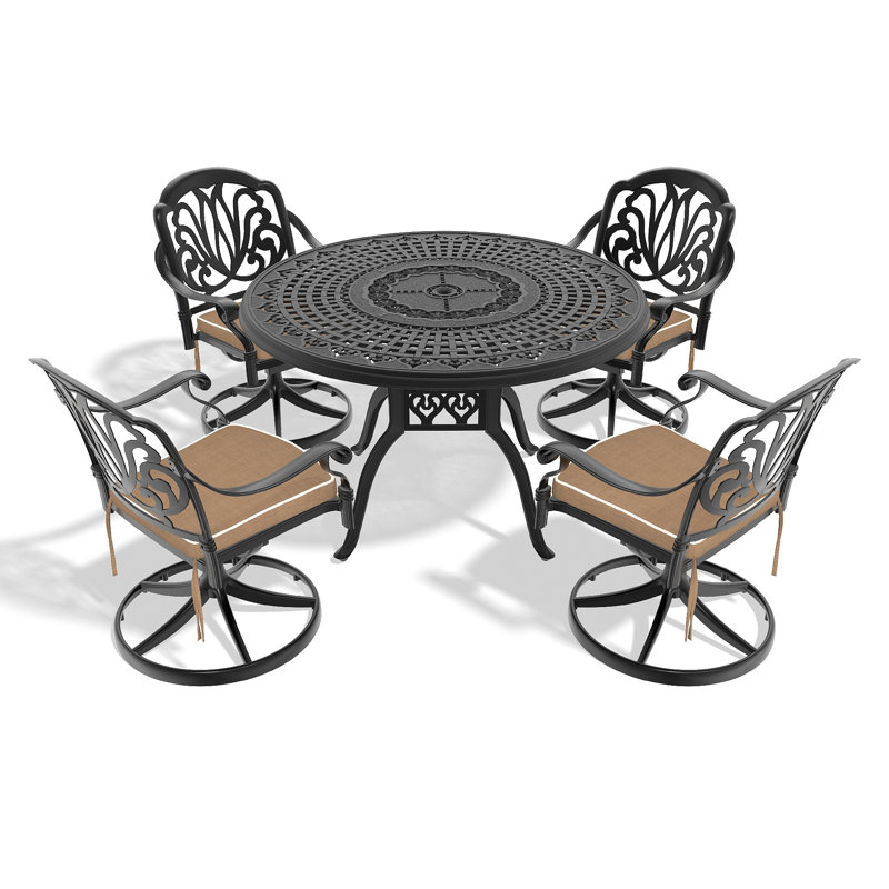 Ensemble de salle à manger 5 pièces en aluminium coulé résistant aux intempéries, comprenant 4 chaises pivotantes et une table ronde de 47,24 po avec structure noire