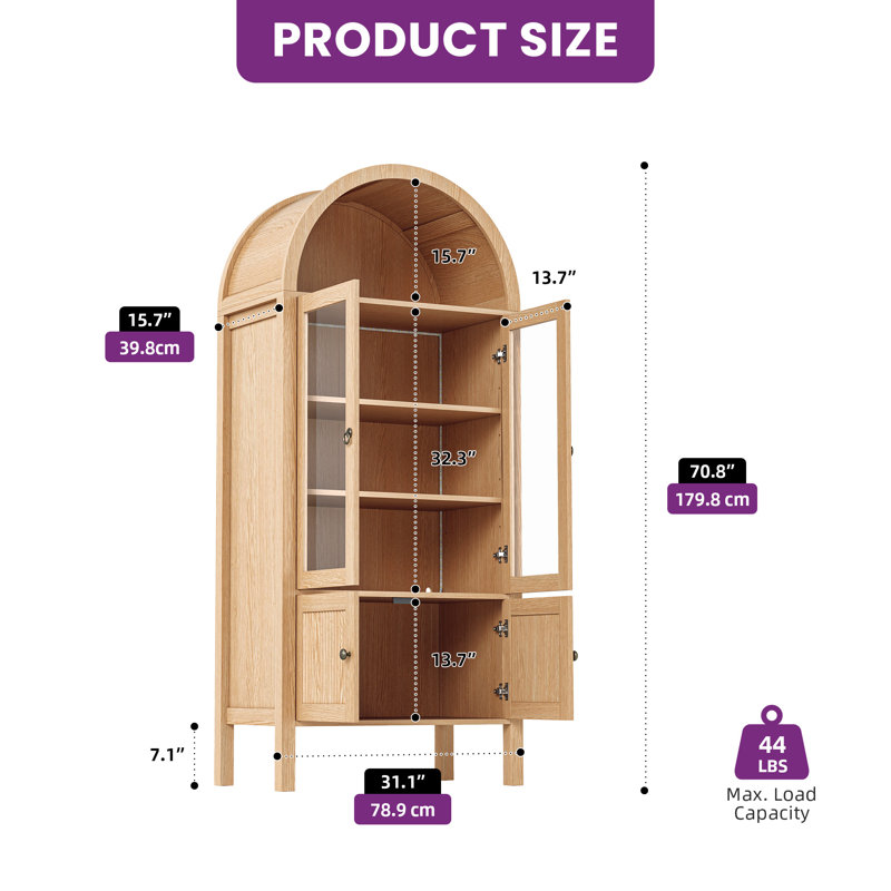 71" Tall Arched Kitchen Pantry, Natural