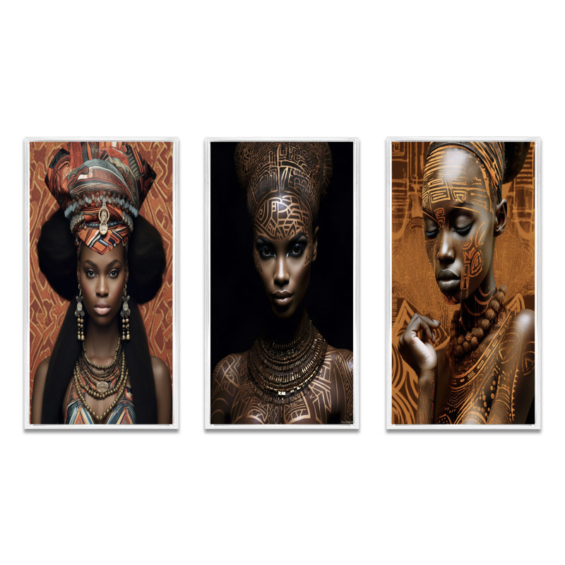 Beautiful African Lady Traditional Style Attire - ensemble de 3 impressions, H 20 po x l 36 po, Cadre flottant blanc