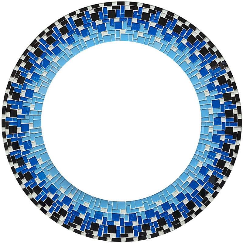 Pekalongan Mosaic Mirror, Wall Art Décor – Handcrafted Decorative Wall Mirror, Blue, White, and Black Mosaic Mirror, 24” Frame, 15" Round Mirror for Hallway, Bedroom, Bathroom, Living Room