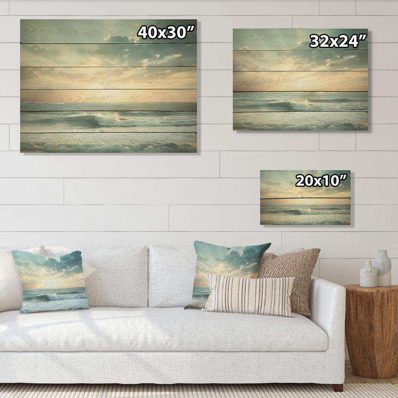 Vue de paysage côtier - Vagues côtières, art mural sur bois de pin naturel, H 30 po x l 40 po