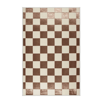 Machine Washable Checkered Beige Area Rug