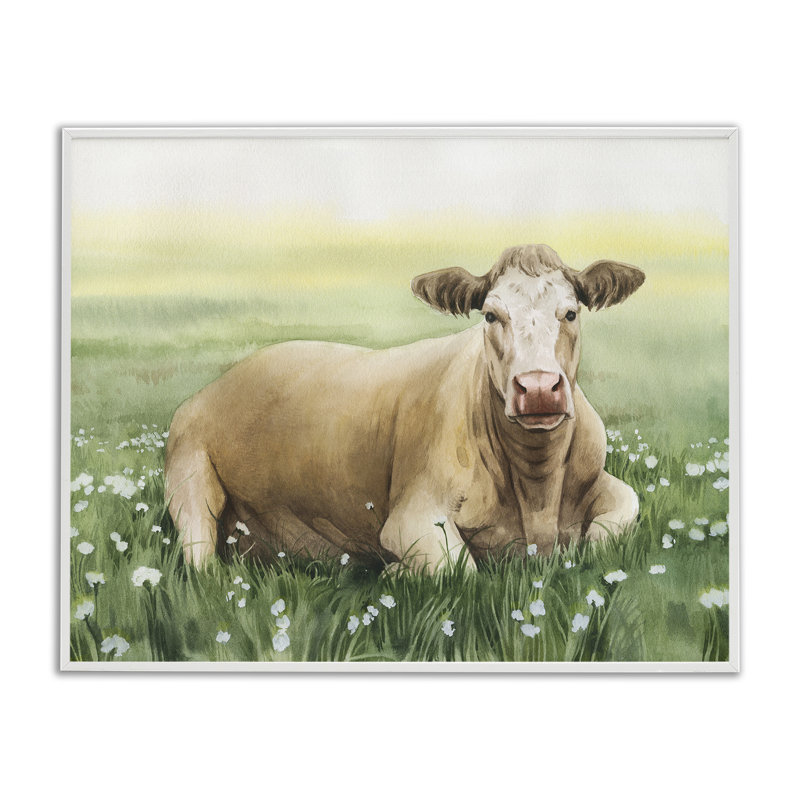 Vache au repos encadrée, estampe numérique par Grace Popp, Estampe numérique encadrée blanc bord de mer, H 16 po x l 20 po