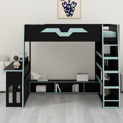 Lit mezzanine en bois moderne avec bureau, grandes tablettes de rangement et éclairage RVB