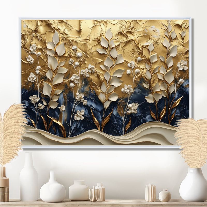Or blanc, harmonie, herbes, art mural encadré, H 34 po x l 44 po, Cadre flottant, Blanc